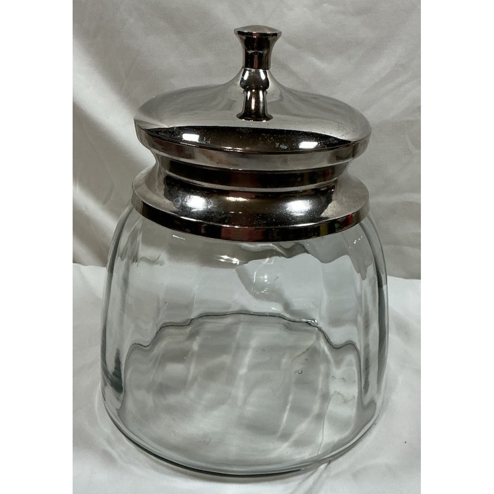 Vintage Large Clear Glass Cookie Jar Canister Chrome Metal Lid  Kitchen